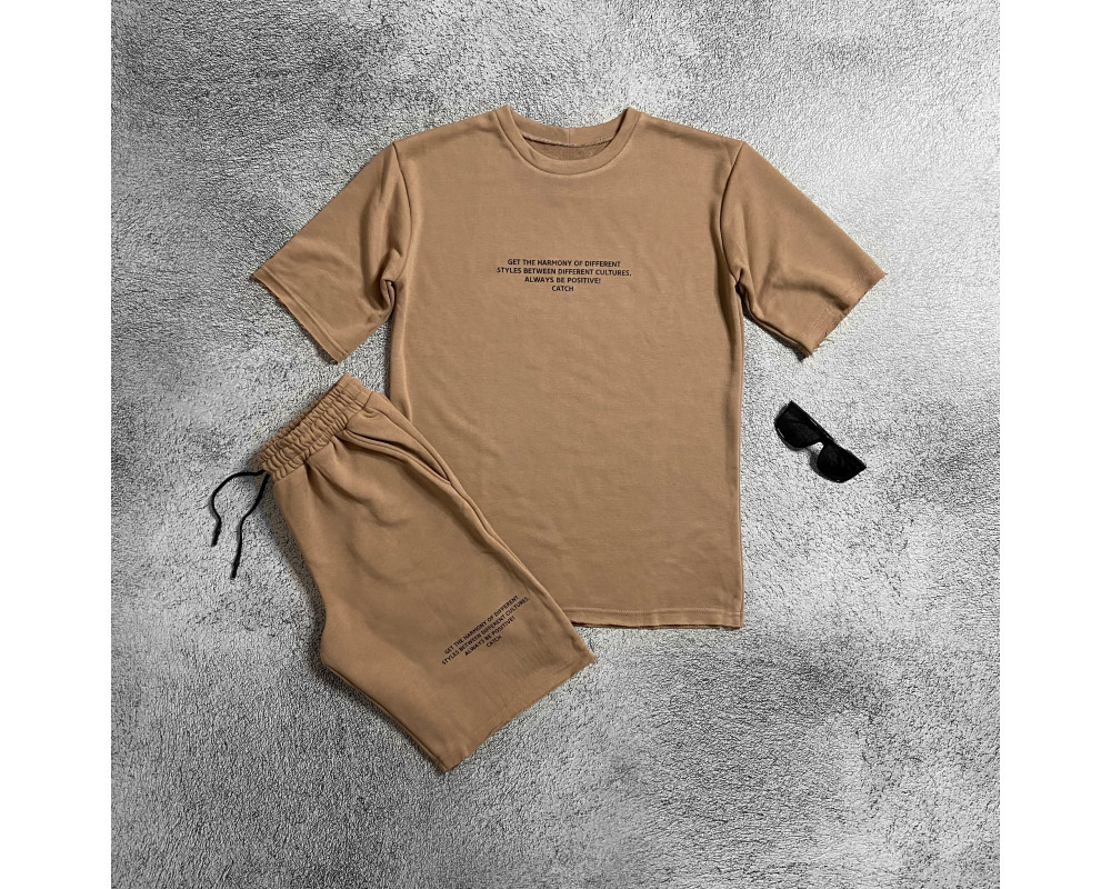 Мужской летний костюм шорты и футболка с принтом бежевый, опт, дроп Мужской летний костюм шорты и футболка с принтом бежевый, опт, дроп