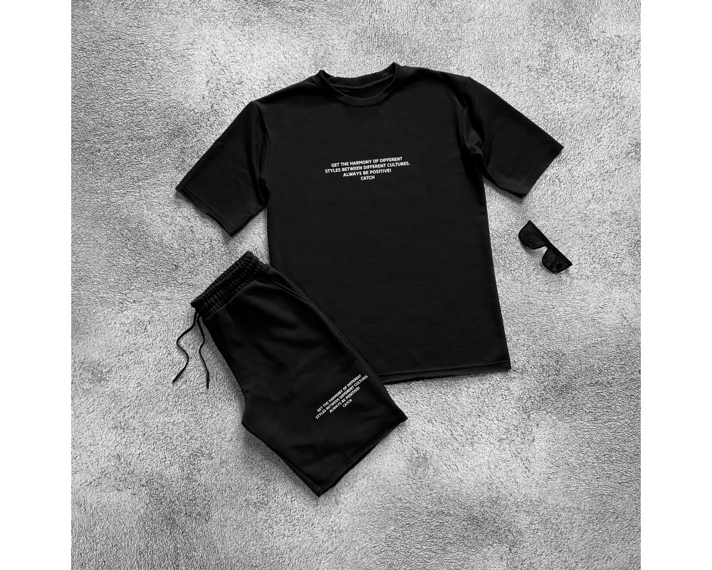 Мужской летний костюм шорты и футболка с принтом черный, опт, дроп Мужской летний костюм шорты и футболка с принтом черный, опт, дроп