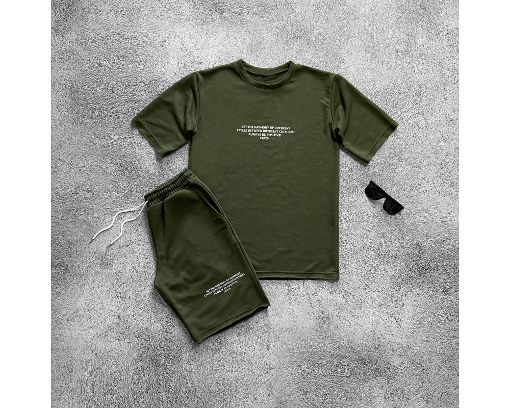Мужской летний костюм шорты и футболка с принтом хаки, опт, дроп Мужской летний костюм шорты и футболка с принтом хаки, опт, дроп