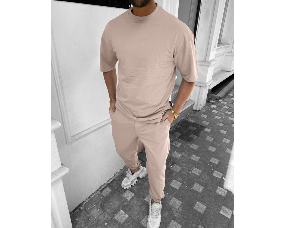 Мужской бежевый костюм футболка оверсайз и штаны