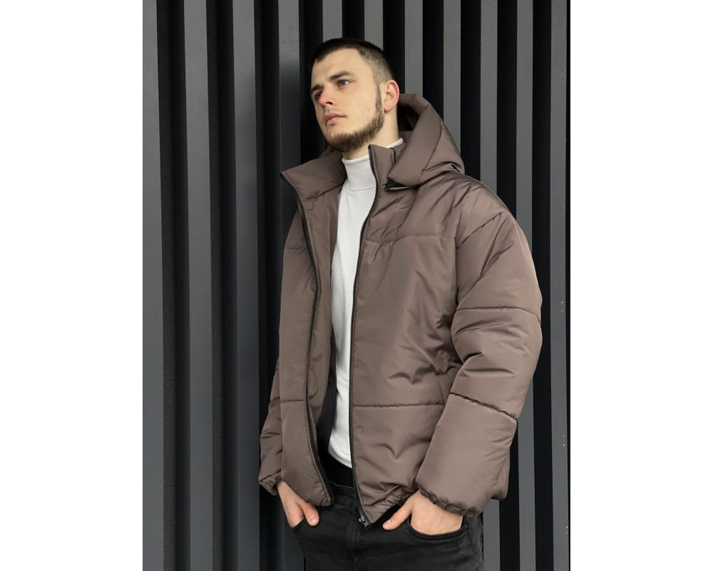 Зимова oversize куртка зі з‘ємним капюшоном шоколад