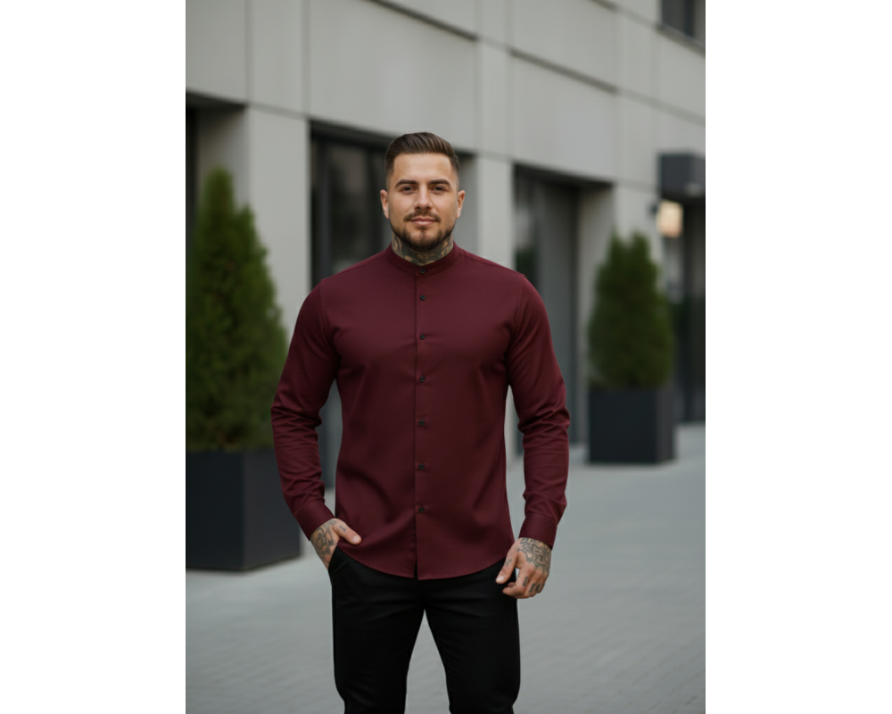 Рубашка коттон воротник стойка бордовая