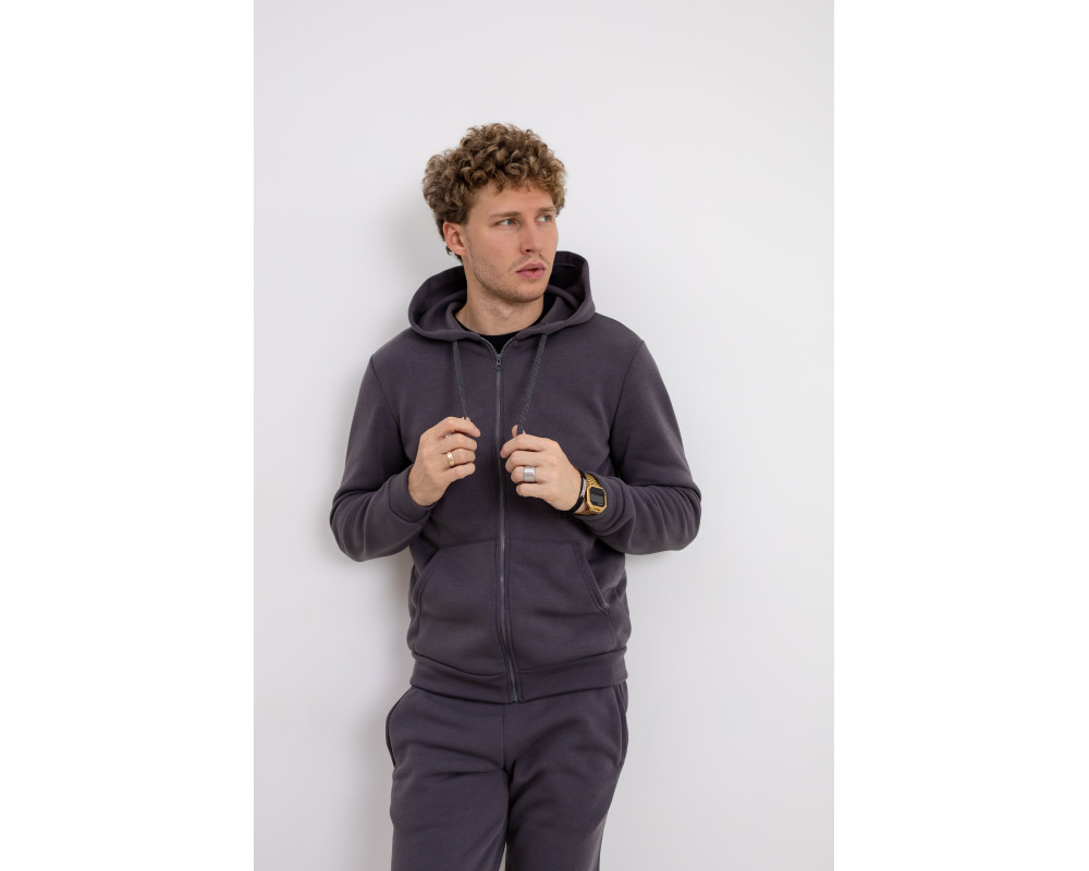 Теплый серый спортивный костюм с худи на молнии