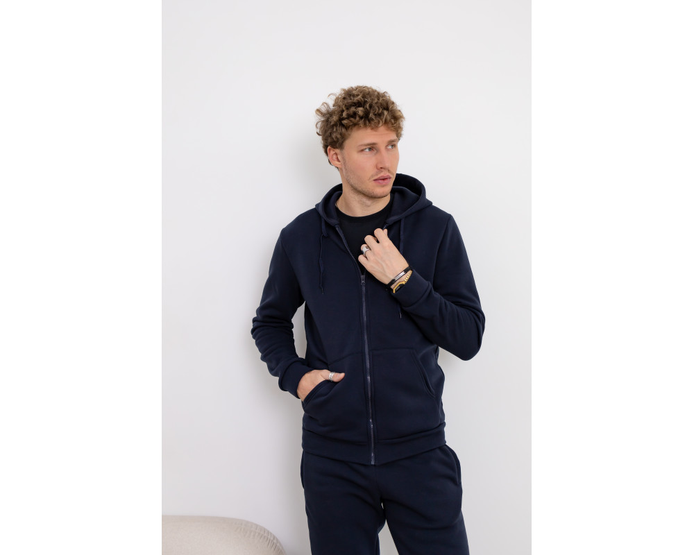 Теплый синий спортивный костюм с худи на молнии