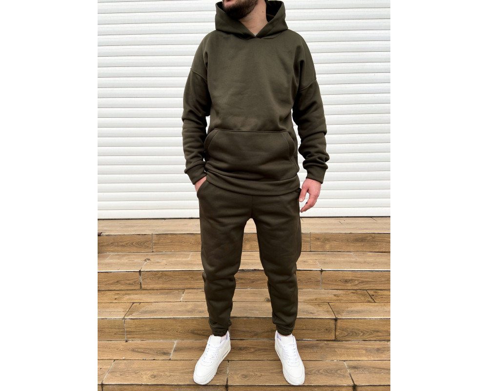Теплий оверсайз спортивний костюм на флісі хакі
