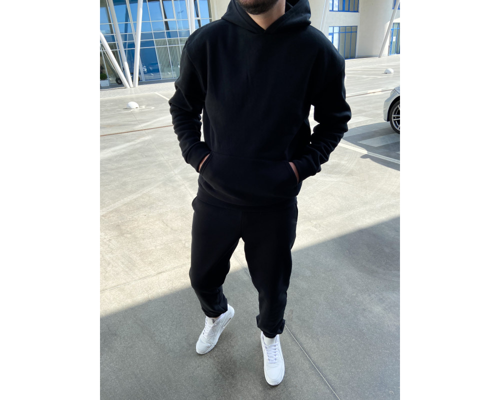 Теплий чорний оверсайз спортивний костюм на флісі