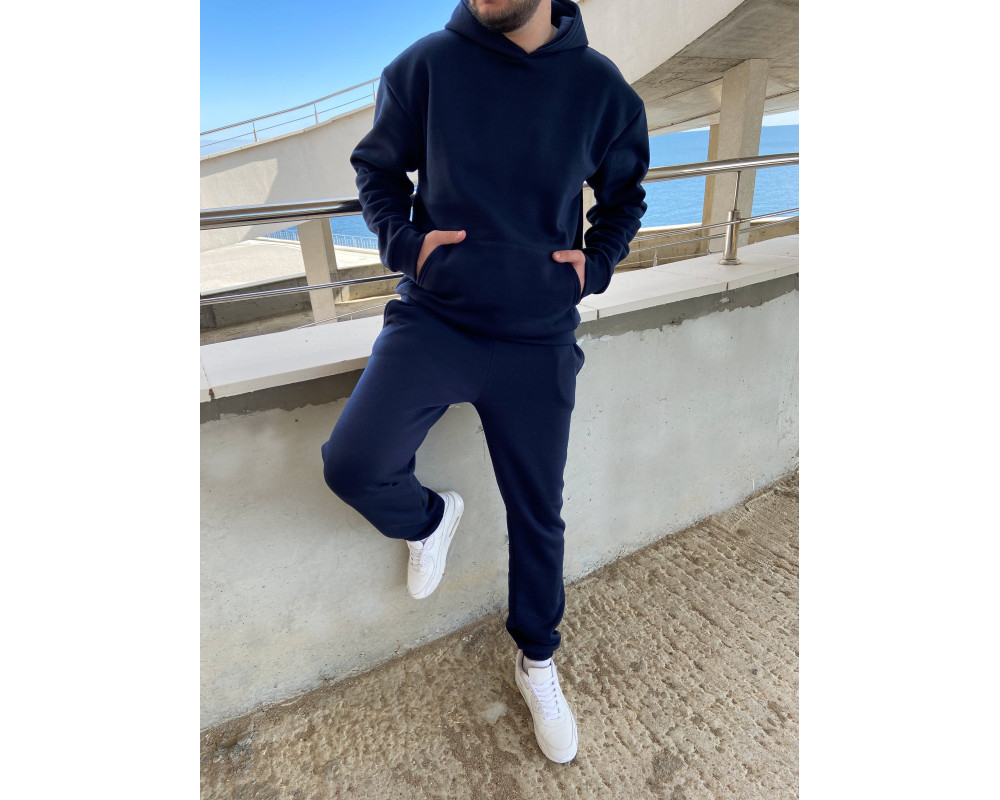 Теплий синій оверсайз спортивний костюм на флісі