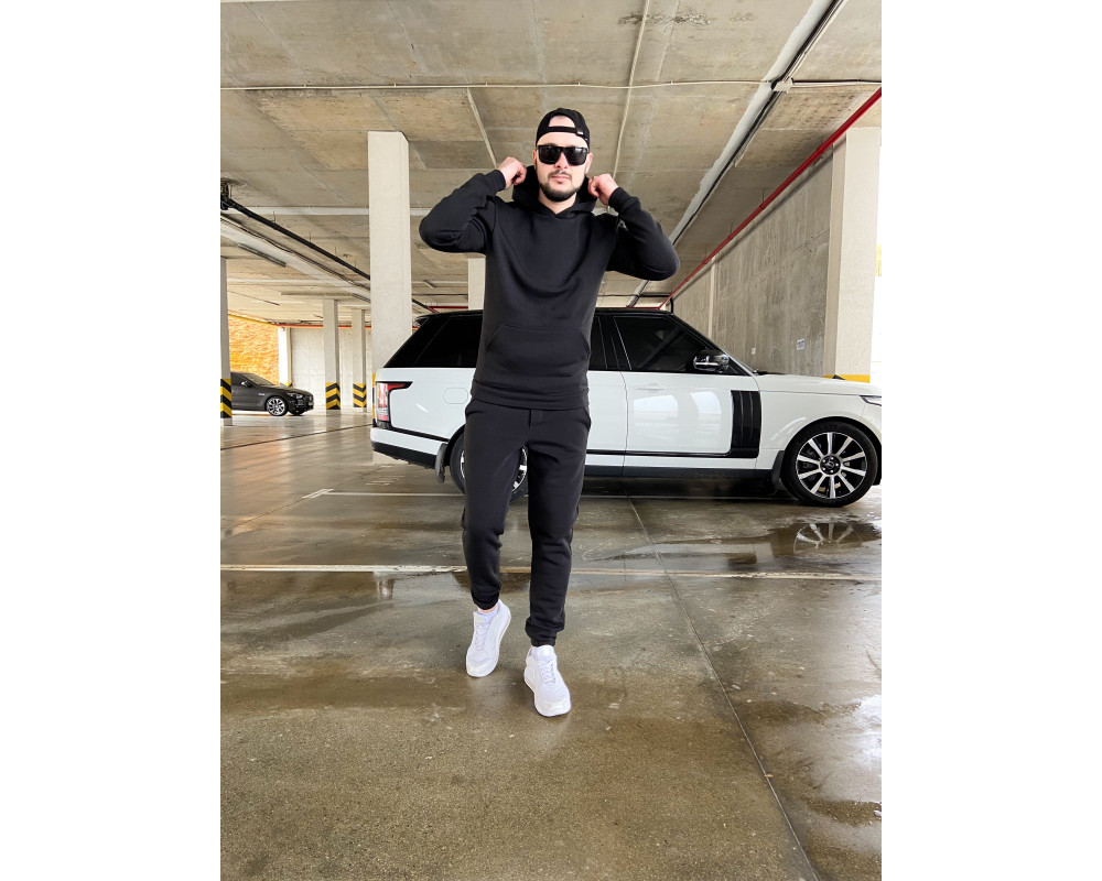 Мужской теплый базовый спортивный костюм с карманом "кенгуру" | Черный