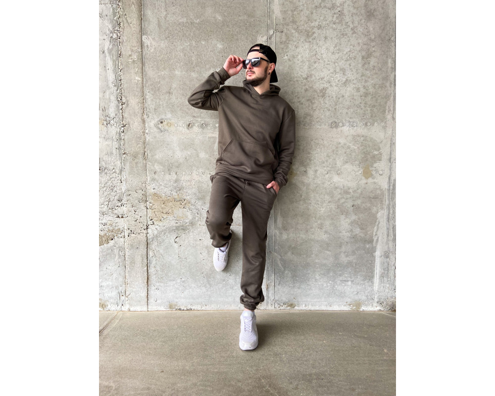 Мужской теплый базовый спортивный костюм с карманом "кенгуру" | Хаки