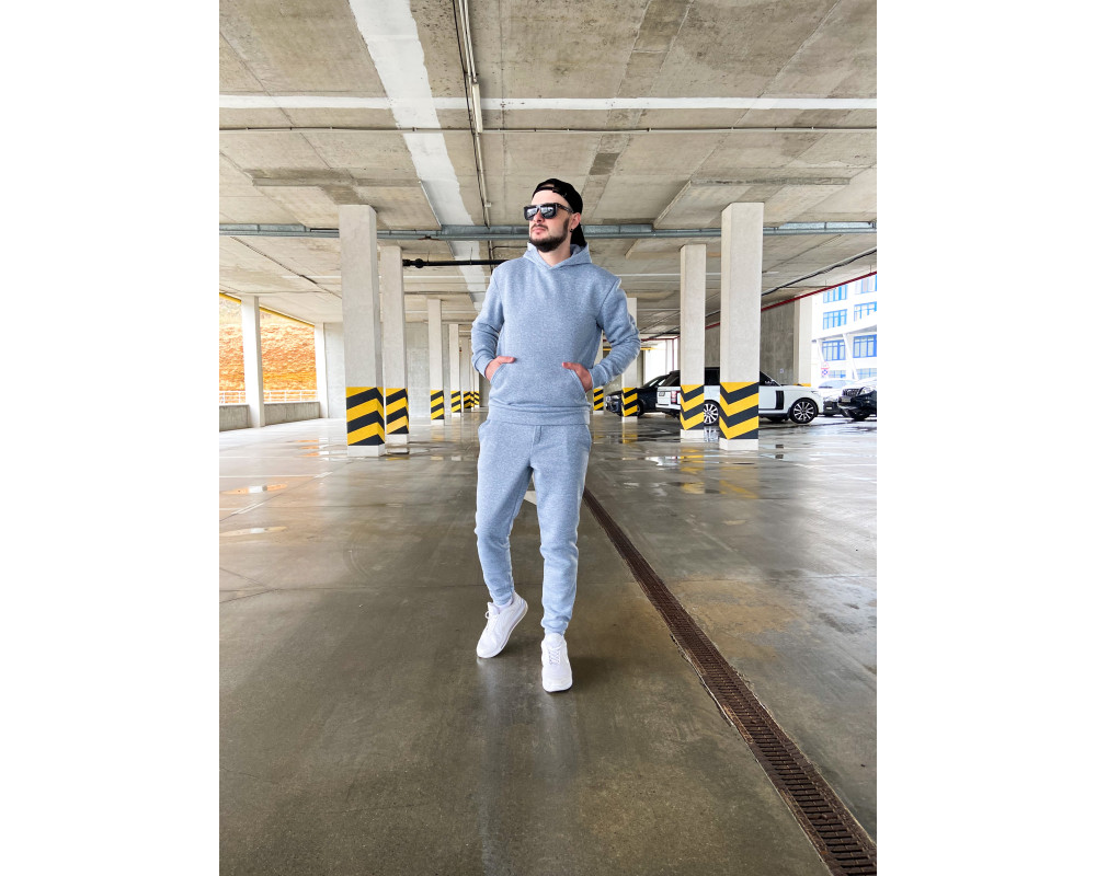 Чоловічий теплий базовий спортивний костюм з кишенею "кенгуру" | Сірий