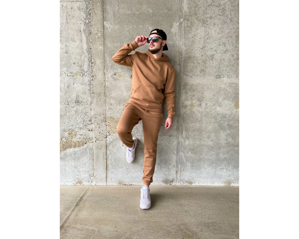 Мужской теплый базовый спортивный костюм с карманом "кенгуру" | Шоколад