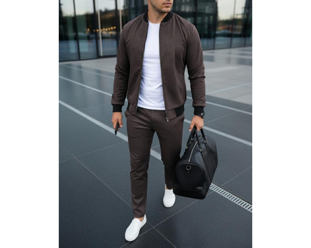 Замшевий костюм чоловічий бомбер та штани шоколад
