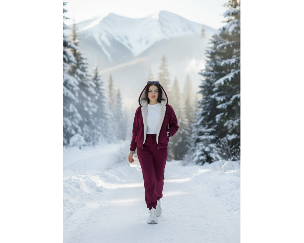 Теплый женский костюм с мехом на кофте бордовый