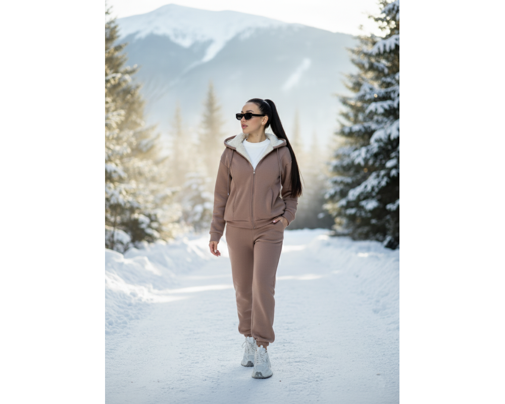 Теплый женский костюм с мехом на кофте мокко