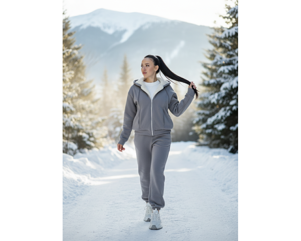 Теплый женский костюм с мехом на кофте светло-серый