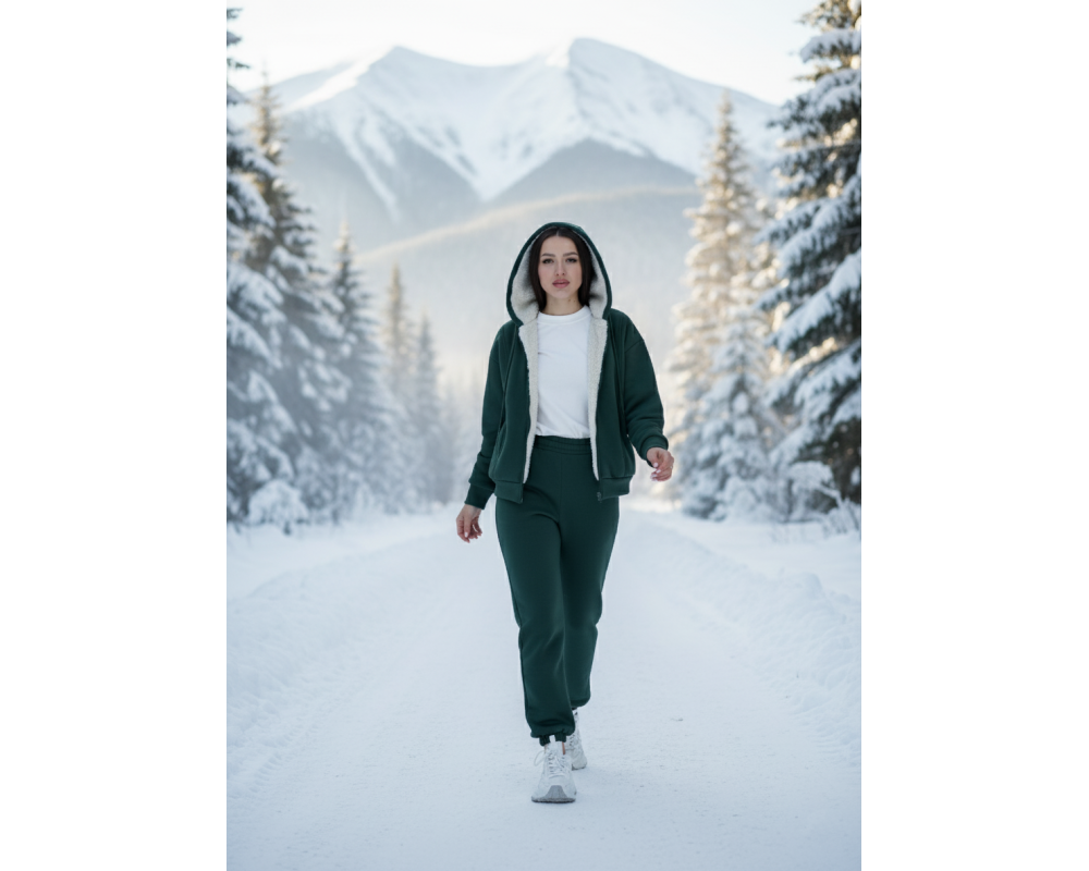 Жіночий теплий костюм з хутром на кофті зелений