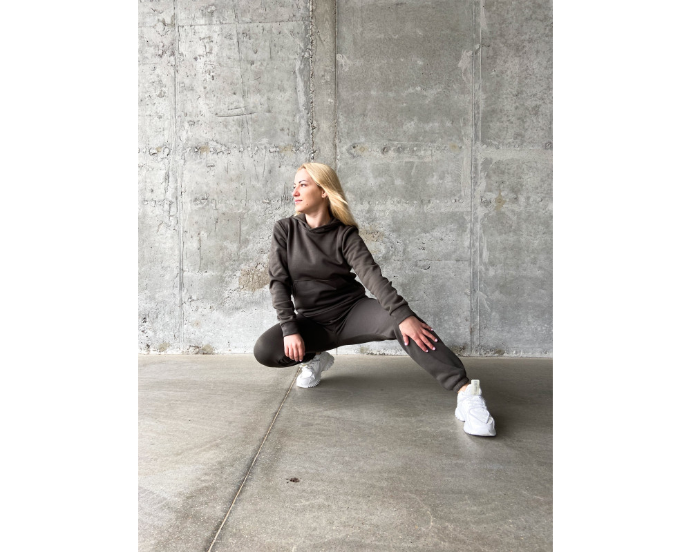 Женский теплый базовый спортивный костюм с карманом "кенгуру" | Хаки